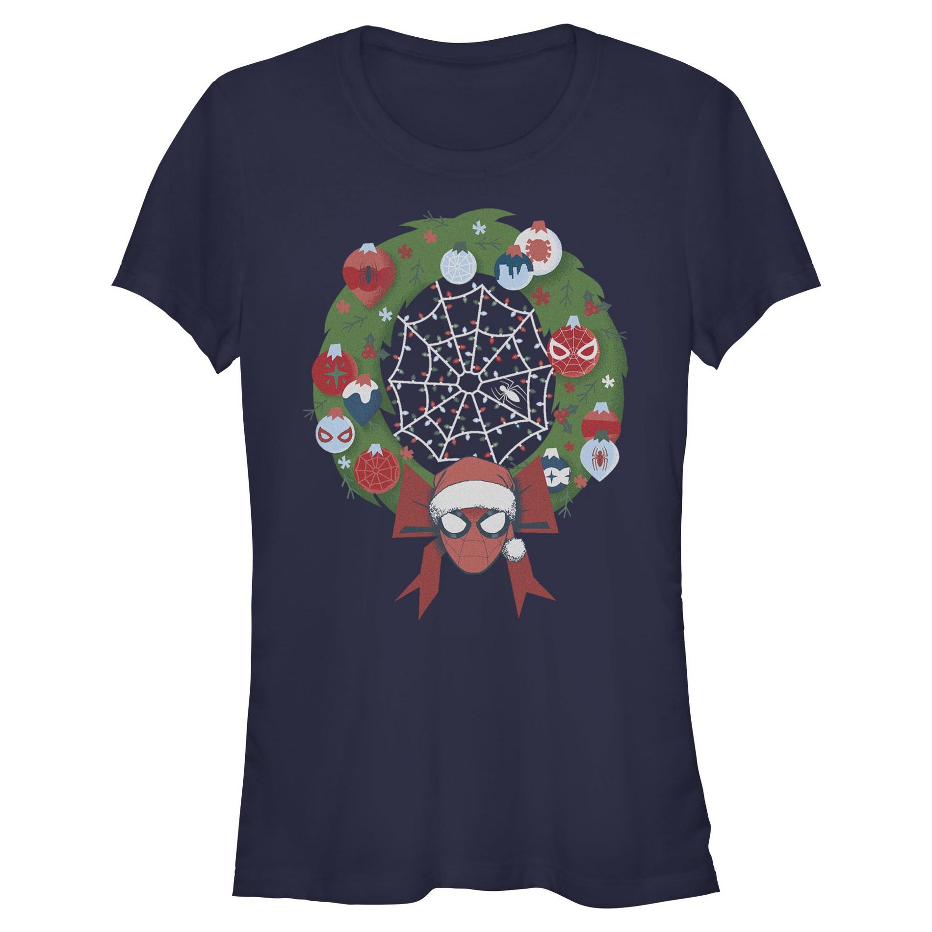 Juniors Marvel Christmas Wreath Spidey Ornaments T Shirt - Navy Blue - Large