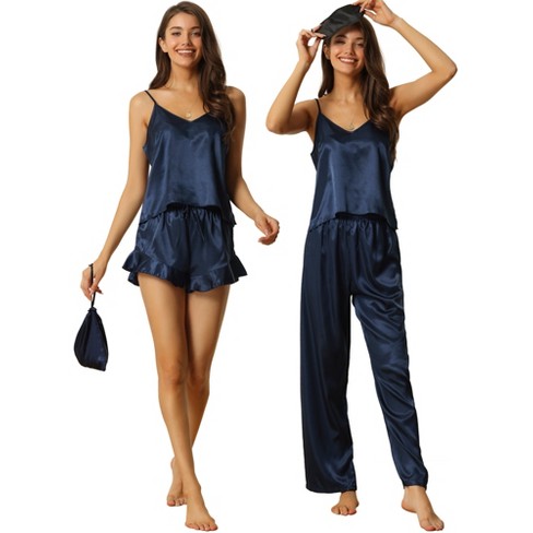 Cheibear Women's Satin Cami Shorts And Long Pants Sleepwear With Sleep Mask  And Storage Bag Pajamas Sets 5 Pcs Navy Blue X-small : Target