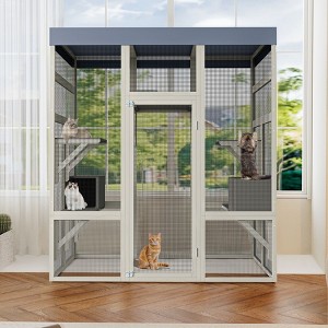 62.6 inch Gray Wooden Catio Outdoor Pet Enclosure with Waterproof Top, Spacious and Secure Cat House Pet Crate - 1 of 4