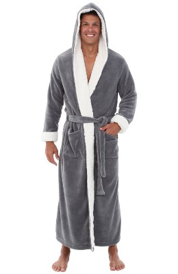 Men's Gray Plush Soft Warm Fleece Bathrobe with Hood, Comfy Men's Robe