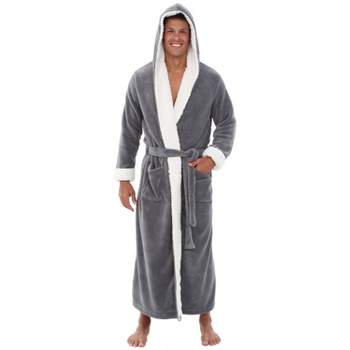 Men's Warm Winter Plush Hooded Bathrobe, Full Length Fleece Robe with Hood
