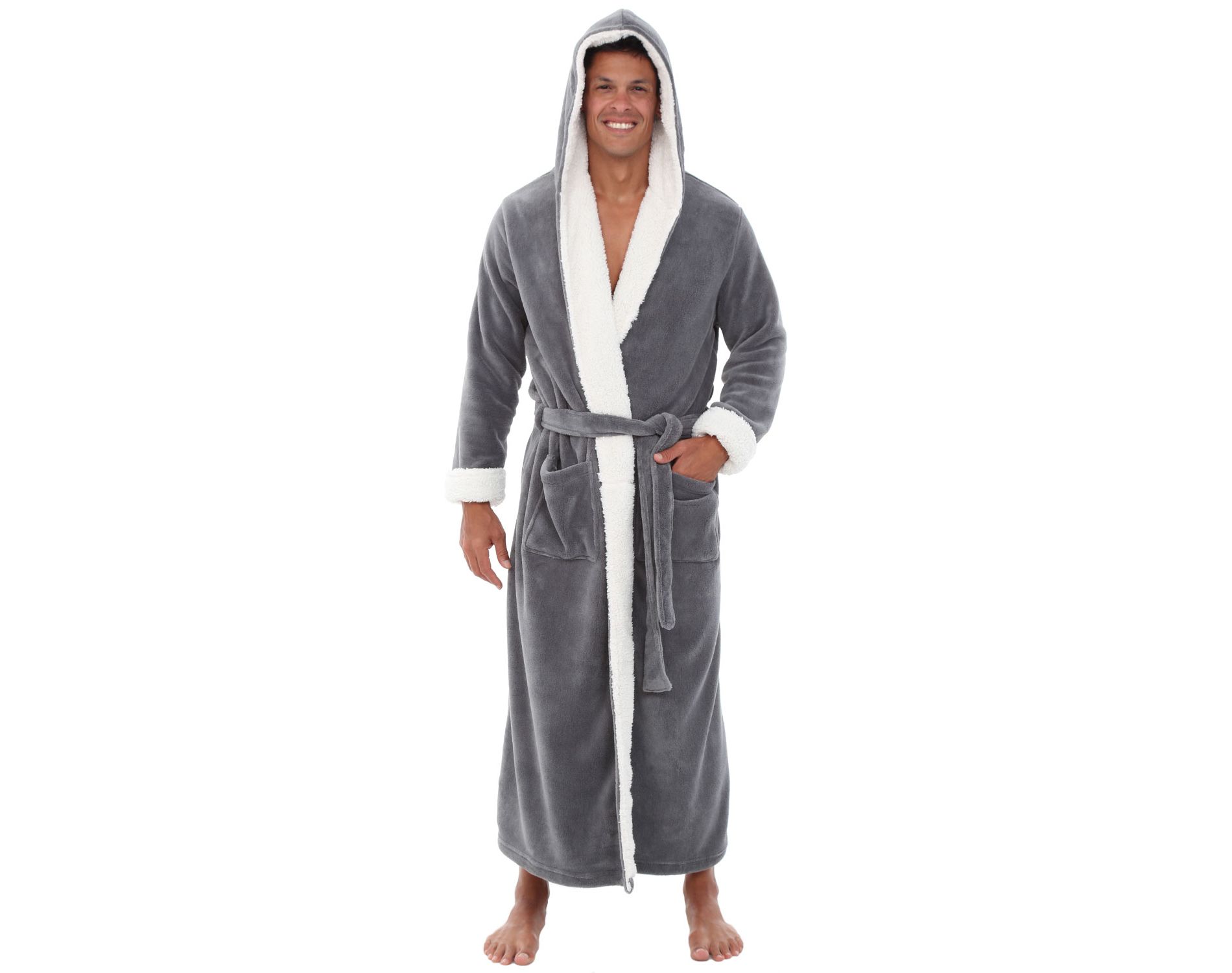 ADR Men's Warm Plush Hooded Bathrobe, Full Length Fleece Robe with Hood Steel Gray with Cream Medium