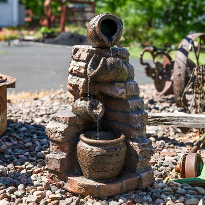 Rustic Brown Polyresin Solar Cascading Water Fountain with LED Light