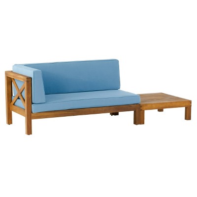 2pc Brava Outdoor Acacia Wood Left Arm Loveseat & Coffee Table with Cushion Teak/Blue - Christopher Knight Home: Rustic Charm, Modern Durability