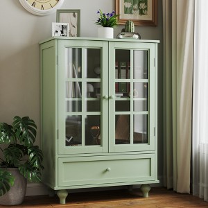 38 inch Storage Cabinets, Wooden Floor Cabinet With 1 Drawer And 2 Glass Doors, Farmhouse Sideboard Buffet With Storage - 1 of 4