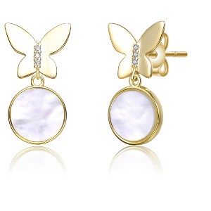 Guili 14K Gold Plated with White Mother Of Pearl Circle & Butterfly Drops Earrings - 1 of 2