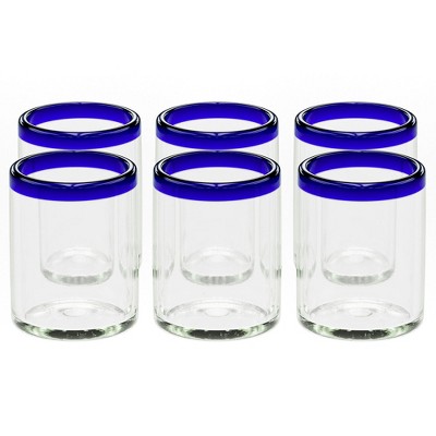 Okuna Outpost Set of 6 Blue Rim Mexican Glassware, 14 oz Cobalt Hand Blown  Drinking Glasses