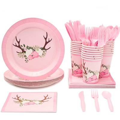 Blue Panda 24 Set Disposable Dinnerware Floral Rustic for Kids Birthday Party Baby Showers