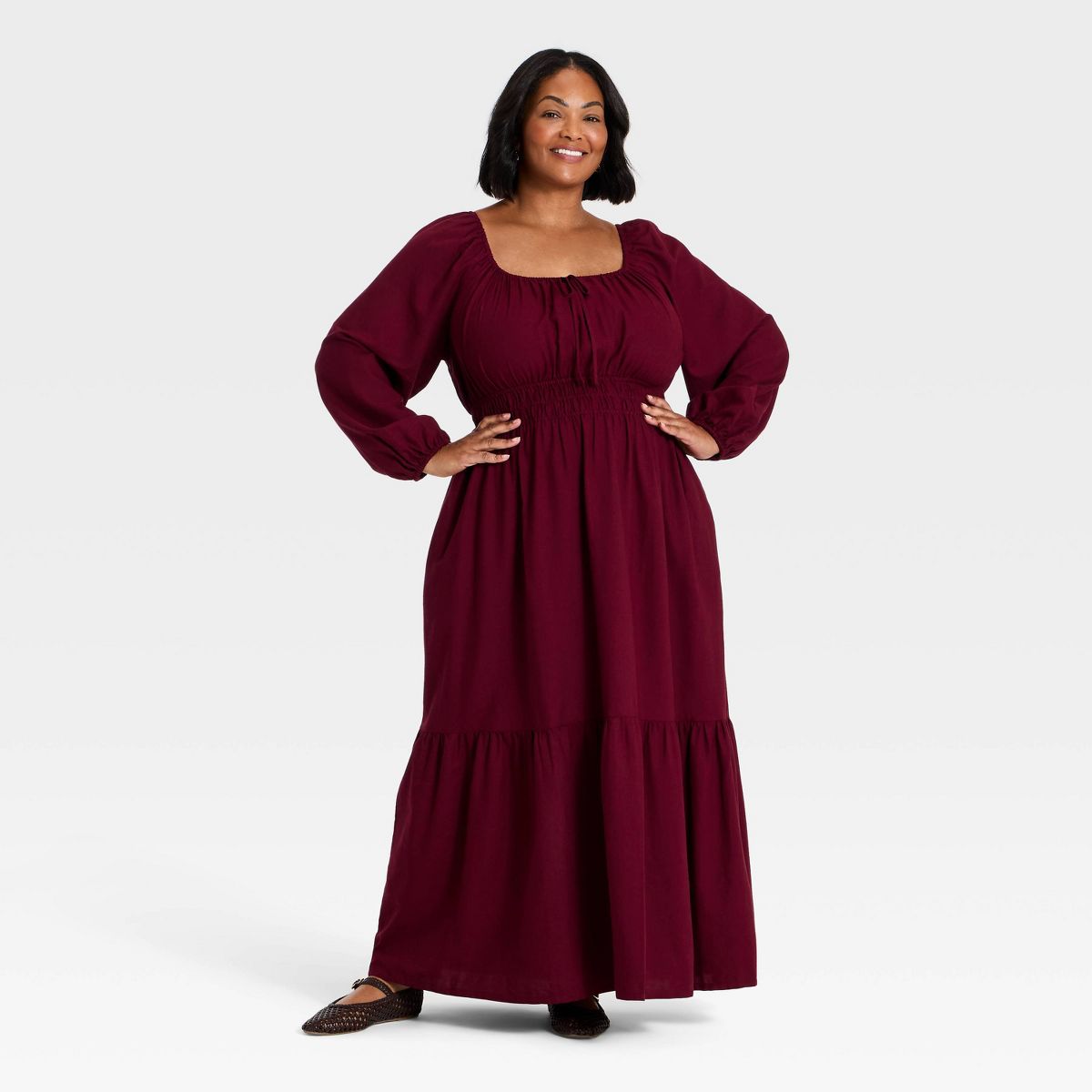Women's Plus Long Sleeve Front Tie Tiered Maxi Dress - Ava & Viv™ - thumbnail 3