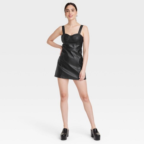 Dark Side Faux Leather Corset Strap Detail Mini Dress In Black