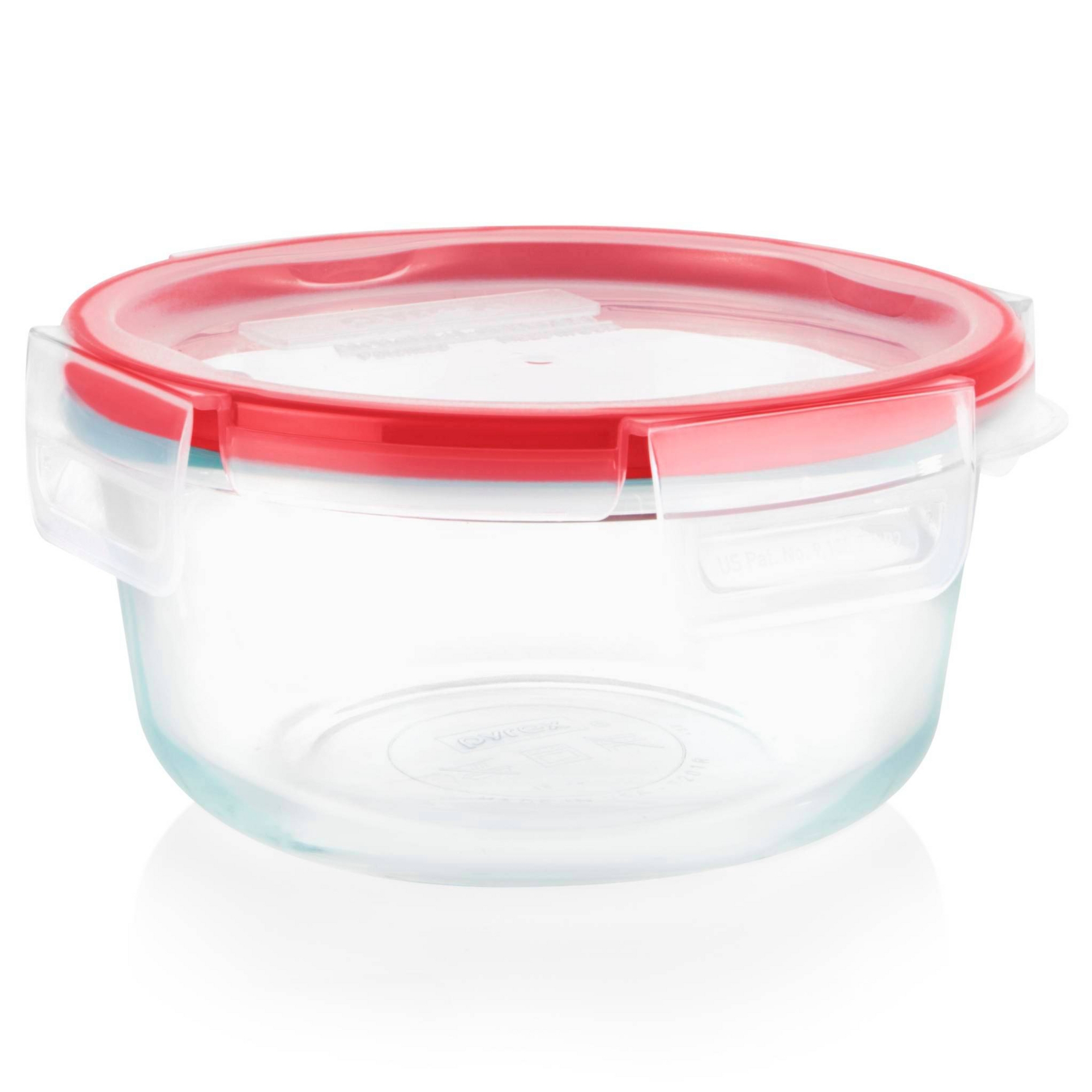 Pyrex Freshlock 4 Cup Round Food Storage Container: Glass Container with Lid, Oven & Microwave Safe, Clear/Red