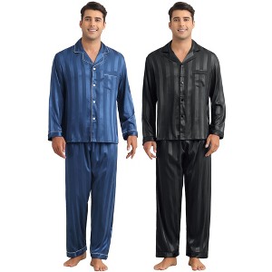 INSPIRE CHIC Men's 2 Pack Satin Pajamas Set Casual Long Sleeve Striped Button Sleepwear - 1 of 4