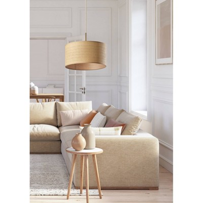 Coastal Minimalist Antique Brass Drum Pendant Light with Beige Trim