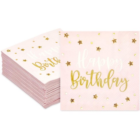 Pink and White Perfect for Kids Birthday Decorations and Party Supplies Birthday Party Cocktail Napkins 50 Pack Gold Foil Happy Birthday Cake Disposable Paper Napkins 5 x 5 Inches Folded 