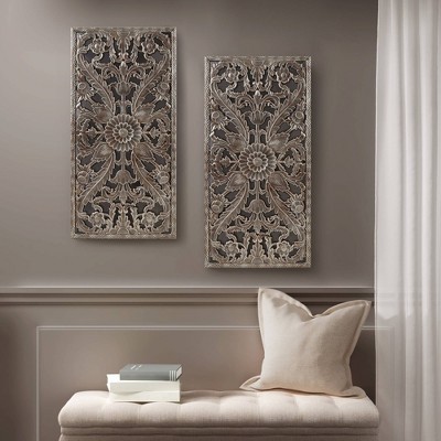 Bronze and Silver Botanical Carved Wood Wall Decor Set, 2-Piece