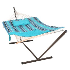 Lazy Daze Double Hammock with 12FT Steel Stand, Striped Design, Detachable Pillow, Cup Holder & Mag Bag, Blue Ocean - 1 of 3