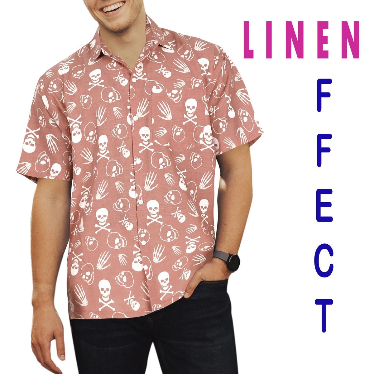 HAPPY BAY Mens Hawaiian Short Sleeve Button Down Shirt Men's Halloween Costumes Shirt Linen Effect Beach Shirts for Men XXL Red, Skull - thumbnail 2