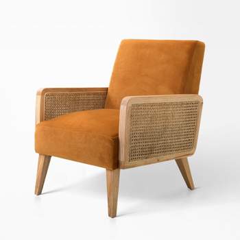 Chloé Cane Arm Chair with Wood Base Living Room Upholstered Accent Chair with Rattan Armrest | Karat Home