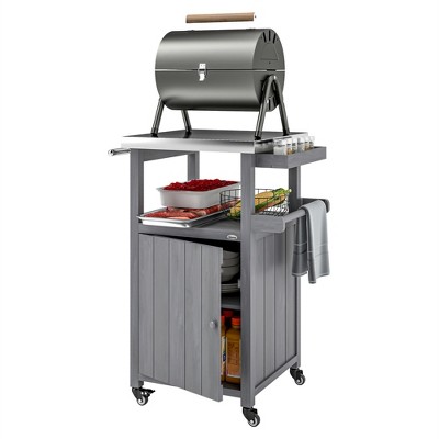 Outsunny Outdoor Grill Cart with Wheels, Storage Cabinet, Solid Wood Outdoor Kitchen Island with Stainless Steel Top, Integrated Hole