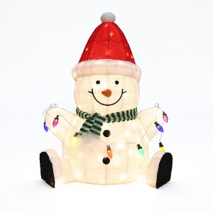 LuxenHome 2.3Ft Jolly Snowman with Red Santa Hat Outdoor Holiday Decoration with Lights White, Red, Green, Black - 1 of 4