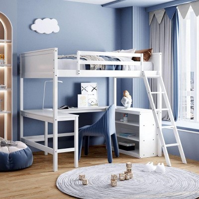 Streamdale Full size Loft Bed with Shelves and Desk, Wooden Loft Bed with Desk - White