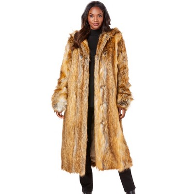 Roaman's Women's Plus Size Full Length Faux-fur Coat With Hood