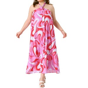 Agnes Orinda Women's Plus Size Colorful Print Halter Sleeveless Boho Summer Beach Maxi Sundresses - 1 of 4