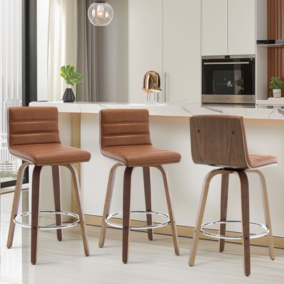 Bekrvio 26"/29" Swivel Counter Height Bar Stools Set of 3,Mid-Century Modern PU Leather Upholstered Kitchen Counter Pub Chairs