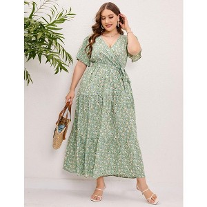 Women Plus Size Maxi Dress V Neck Summer Dress Short Sleeve Long Dress High Waist Ruffle Casual Dress with Belt, Green Yellow Flower, 4XL - 1 of 4