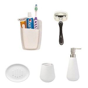 Sttelli 5-Piece Bathroom Essentials Bundle - Soap Dispenser, Soap Dish, Suction-Cup Razor Wall Hook, Toothbrush Cup, No-Glue Wall Organizer - 1 of 4