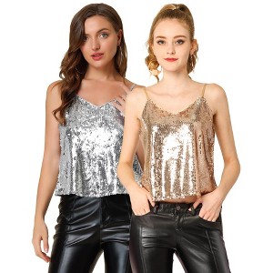 Allegra K Women's Sequined Shining Adjustable Straps Party Sparkle Cami Top 2 Packs - 1 of 4