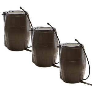 FCMP Outdoor 50-Gallon BPA Free Flat Back Home Rain Catcher Water Storage Collection Barrel for Watering Outdoor Plants & Gardens, Brown (3 Pack) - 1 of 4