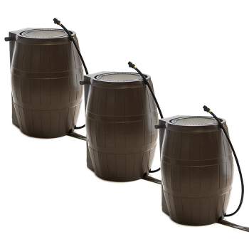 FCMP Outdoor 50-Gallon BPA Free Flat Back Home Rain Catcher Water Storage Collection Barrel for Watering Outdoor Plants & Gardens, Brown (3 Pack)