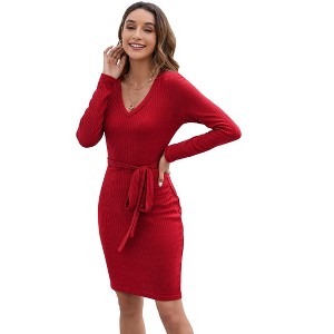 Clearlove Womens Sweater Dress V Neck Long Sleeve Ribbed Knit Tie Waist Bodycon Casual Dress Fit Midi Dress, Burgundy - S - 1 of 4