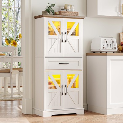 Storage Cabinet with LED Lights & Adjustable Shelves, Pantry Storage Hutch Cabinet, White