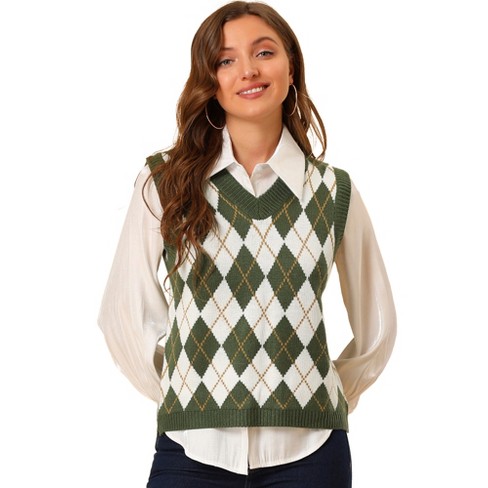 Argyle Pattern Crop Sweater Vest, Sleeveless V Neck Casual Sweater For  Spring & Fall, Women's Clothing