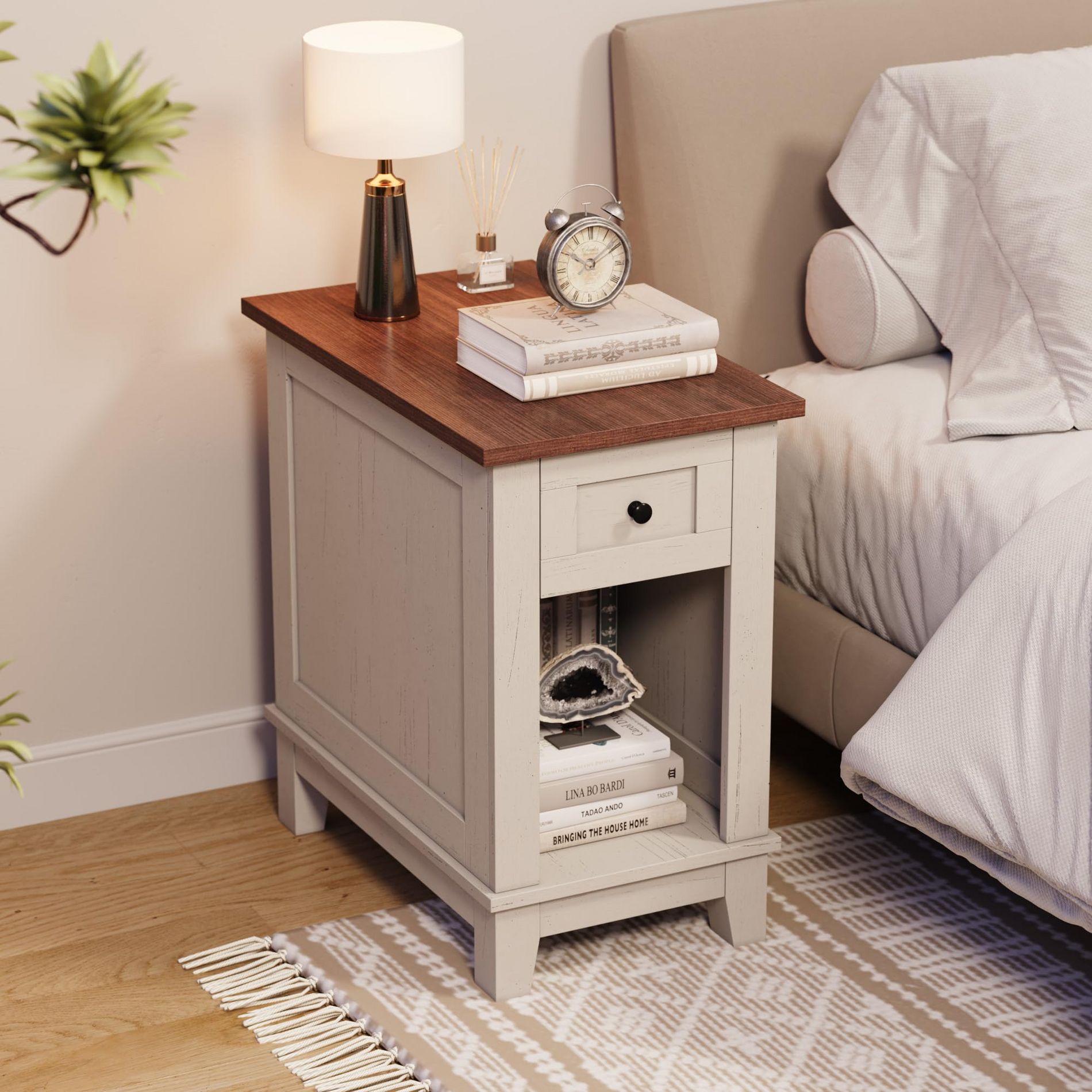 Orieon Farmhouse End Table with Storage & Charging Station, 23.6" x 14" x 24", USB & AC Outlets, White & Brown Nightstand for Living Room & Bedroom