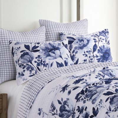 Blue Floral Cotton Twin Reversible Quilt Set