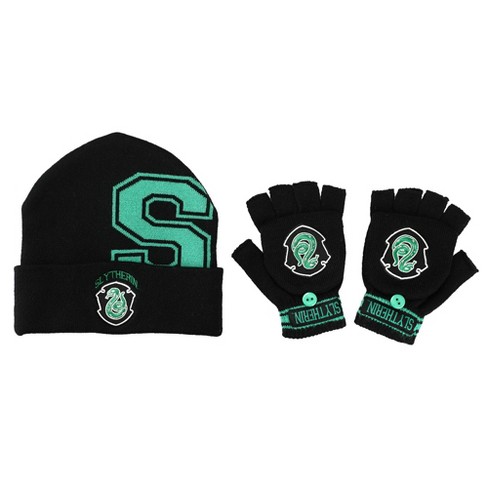 Bioworld Slytherin Embroidered Cut Felt Jacquard Black Acrylic Knit Beanie  and Glomitt Combo