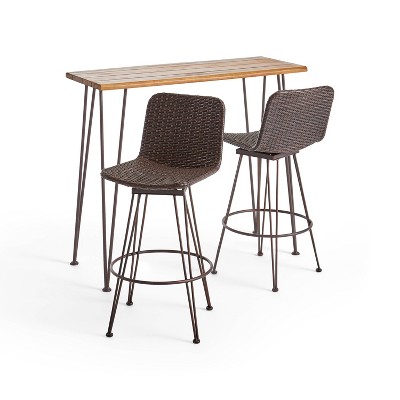 Penley 3pc Acacia Wood Industrial Bar Set Teak - Christopher Knight Home: Weather-Resistant, Wrought Iron Frame Patio Dining Set