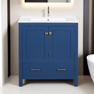 30" Bathroom Vanity with Single Sink, Bathroom Storage Cabinet with 2 Doors and a Drawer, Soft Closing - Leovsnove