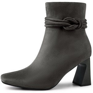 Allegra K Women's Knot Decor Square Toe Side Zip Chunky Heels Ankle Boots - 1 of 4