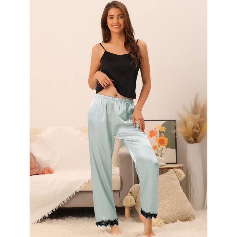 cheibear Women's Satin Elastic Wide-leg Lace Trim Loungewear Long Sleep Pants, 2 of 6