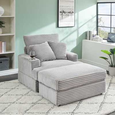 NicBex Couches for Living Room 39" Single Chaise Lounge Chair Corduroy Upholstered Sofa Sleeper Chair with Ottoman and Cup Holders