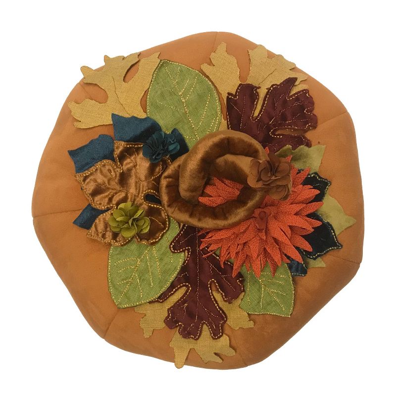 7&#34;x14&#34; Dimensional Velvet Pumpkin with Embroidered Leaves Throw Pillow Orange - Edie@Home, 3 of 9