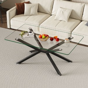 Kumasinova Modern Tempered Glass Coffee Table with Metal Legs,39.37"Rectangular Living Room Coffee Table with Round Corner Design,220lbs Max - 1 of 4