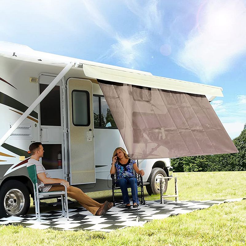 Camco 10 by 4.5 Foot Slide Front Sun Block Panel Awning Screen with Bungee Cords, Tent Stakes, and Support Straps for RV Camper Travel Shade, Brown, 5 of 7