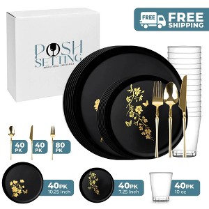 Posh Setting 280 Piece Black And Gold Plastic Party Bundle - Garden Edge (40 Settings) - 1 of 4