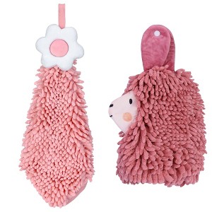 REGALWOVEN Soft Absorbent Flower Pattern and Sheep Pattern Chenille Hand Towel with Loop 6" x 15"/7" x 11" 2 Pcs - 1 of 4