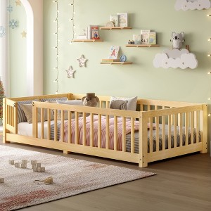 KWPZQEB Floor Bed with Safety Guardrails for Kids, Montessori Inspired with Rails and Door,  Solid Wood Bed Frame for Girls and Boys - 1 of 4